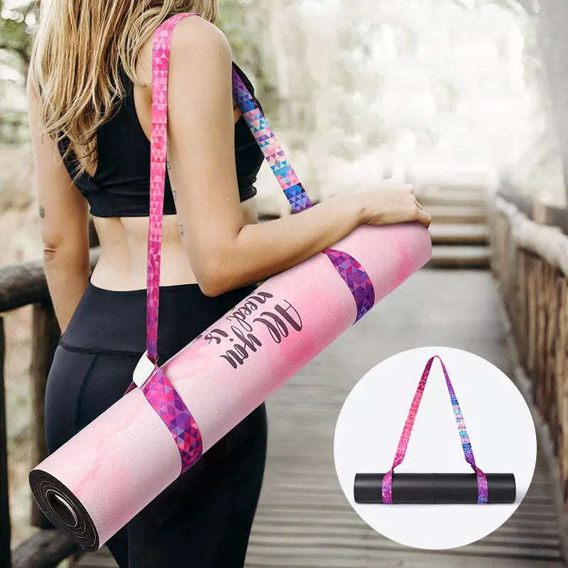 Pure cotton yoga mat strap with colorful gradient binding for secure mat storage