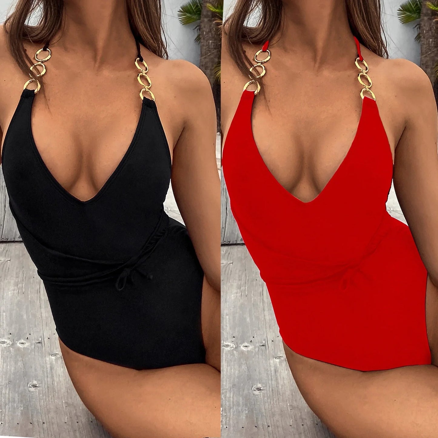 Women's solid colour one-piece swimsuit with chest padding in red or black options