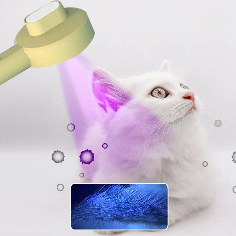 A versatile pet grooming tool with a comb and a built-in UVC sanitizing lamp, designed to gently remove tangles and dirt while sanitizing your pet's coat.