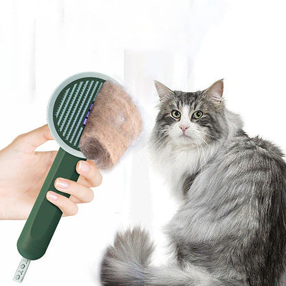 A versatile pet grooming tool with a comb and a built-in UVC sanitizing lamp, designed to gently remove tangles and dirt while sanitizing your pet's coat.