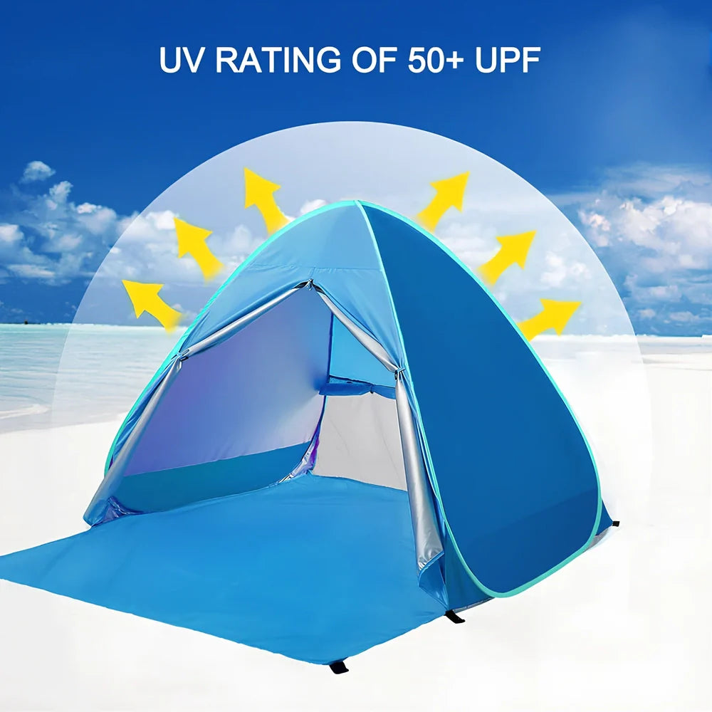Blue automatic pop-up camping tent with UPF 50+ protection and waterproof coating