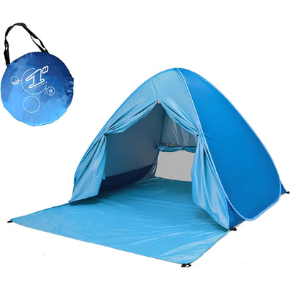 Blue automatic pop-up camping tent with UPF 50+ protection and waterproof coating