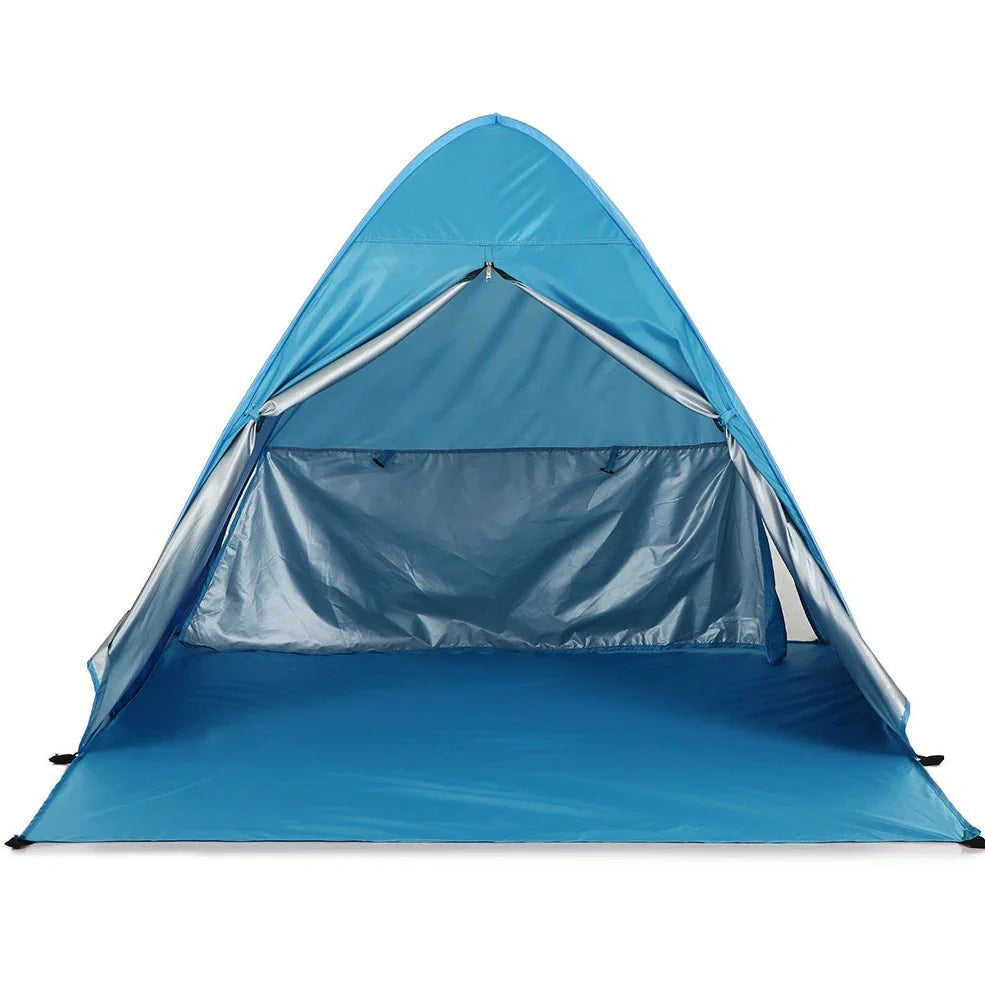 Blue automatic pop-up camping tent with UPF 50+ protection and waterproof coating