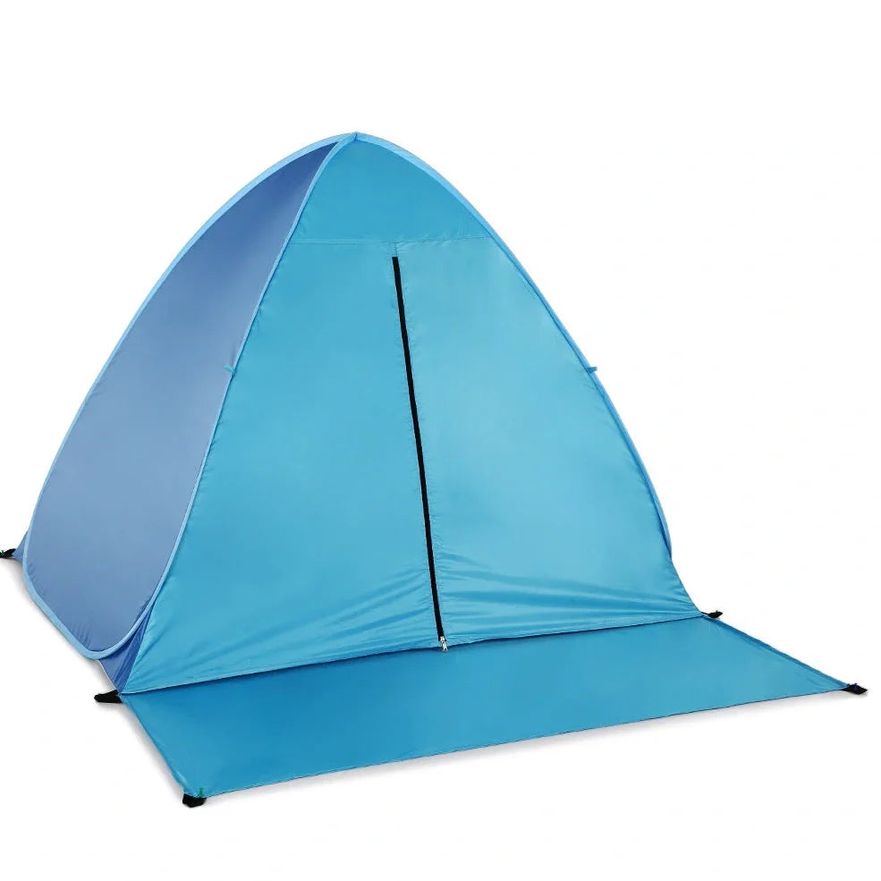Blue automatic pop-up camping tent with UPF 50+ protection and waterproof coating