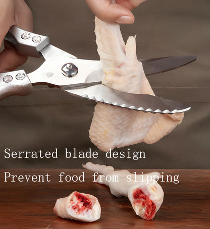 25cm stainless steel chicken bone scissors with brown leather sheath for kitchen meat and fish cutting, 245g weight