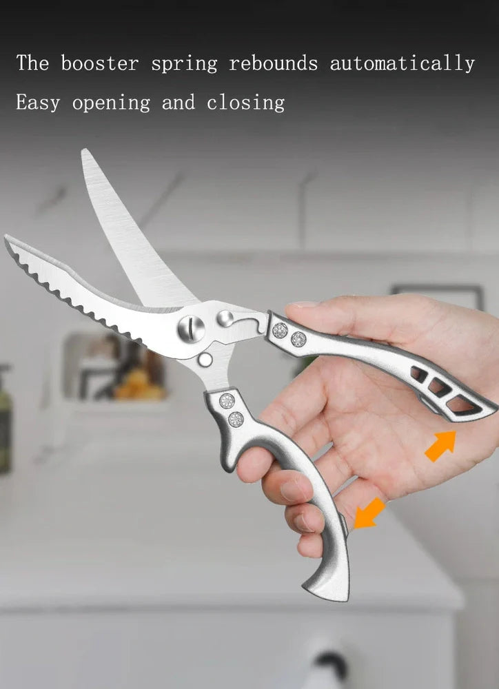 25cm stainless steel chicken bone scissors with brown leather sheath for kitchen meat and fish cutting, 245g weight