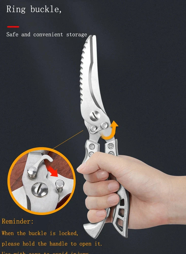 25cm stainless steel chicken bone scissors with brown leather sheath for kitchen meat and fish cutting, 245g weight