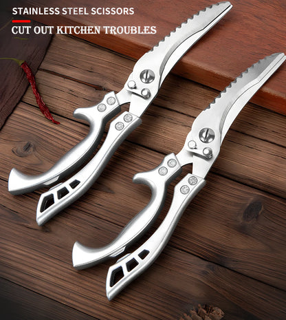 25cm stainless steel chicken bone scissors with brown leather sheath for kitchen meat and fish cutting, 245g weight