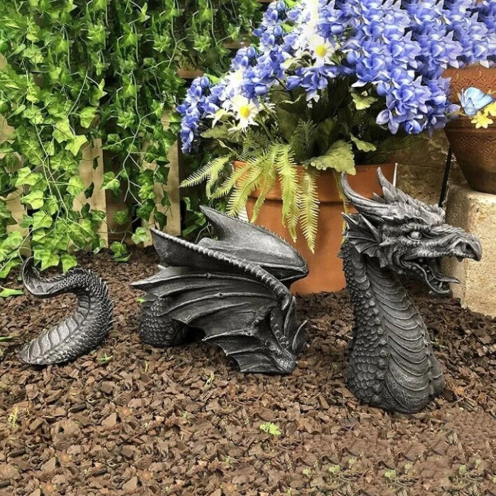 Large dragon Gothic garden statue with charcoal grey finish measuring 20x18x5cm