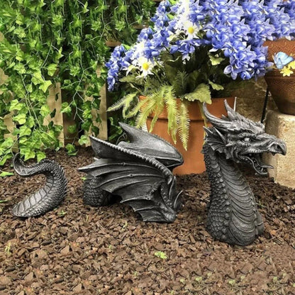 Large dragon Gothic garden statue with charcoal grey finish measuring 20x18x5cm