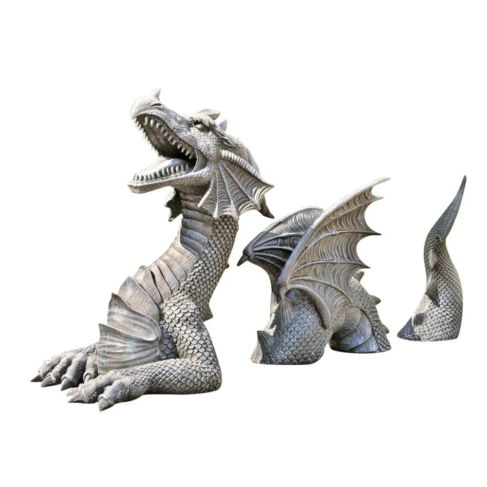 Large dragon Gothic garden statue with charcoal grey finish measuring 20x18x5cm