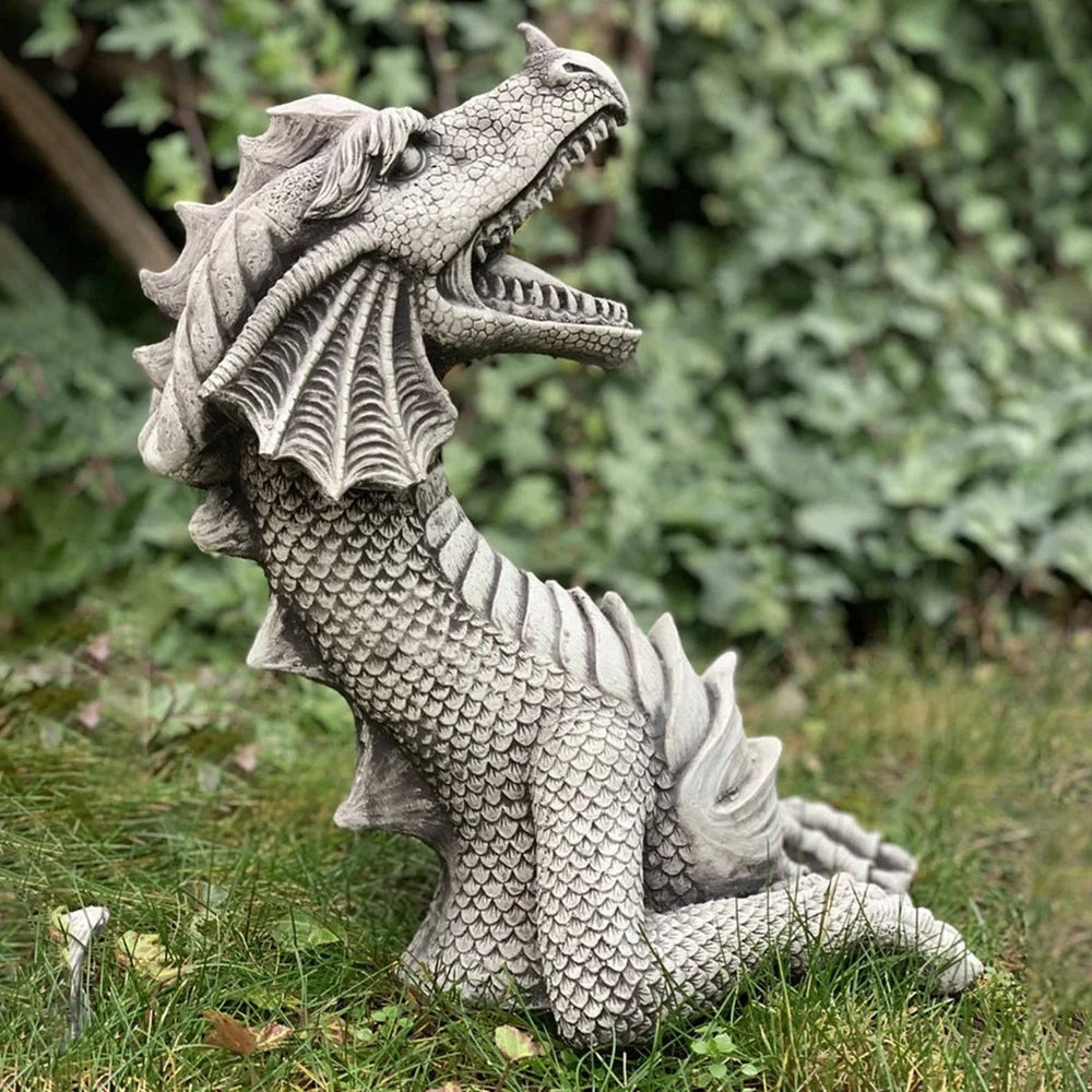 Large dragon Gothic garden statue with charcoal grey finish measuring 20x18x5cm