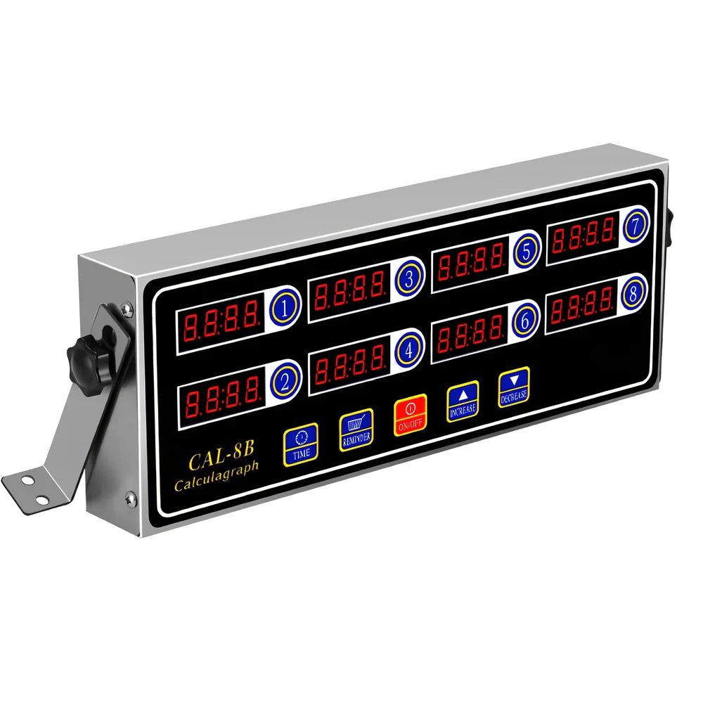 Eight-channel kitchen timer with individual LED displays showing countdown times for commercial baking use