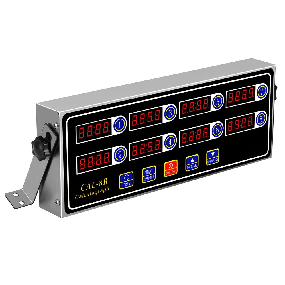 Eight-channel kitchen timer with individual LED displays showing countdown times for commercial baking use