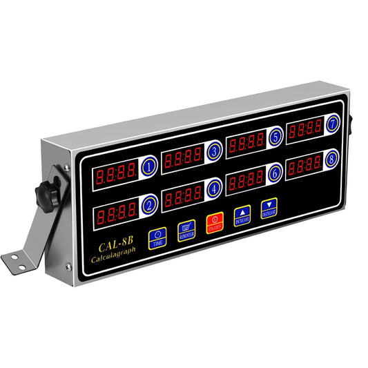 Eight-channel kitchen timer with individual LED displays showing countdown times for commercial baking use