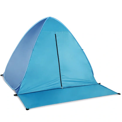 Blue automatic pop-up camping tent with UPF 50+ protection and waterproof coating