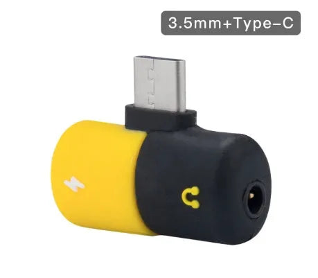 Blue and yellow 2-in-1 charging audio cover case for Huawei and Android phones showing 3.5mm interface and compact 30x12mm design