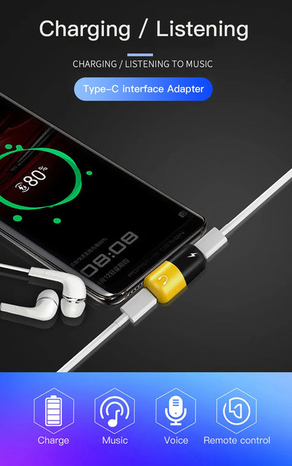 Blue and yellow 2-in-1 charging audio cover case for Huawei and Android phones showing 3.5mm interface and compact 30x12mm design