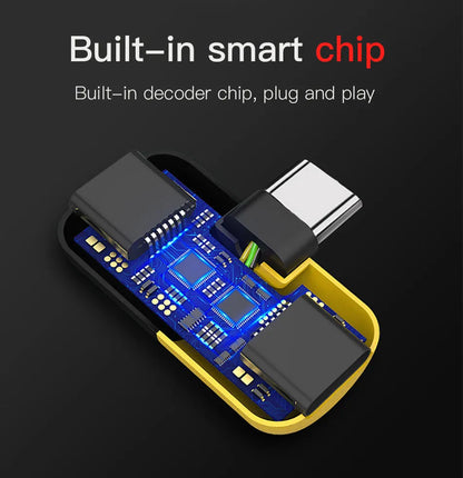 Blue and yellow 2-in-1 charging audio cover case for Huawei and Android phones showing 3.5mm interface and compact 30x12mm design