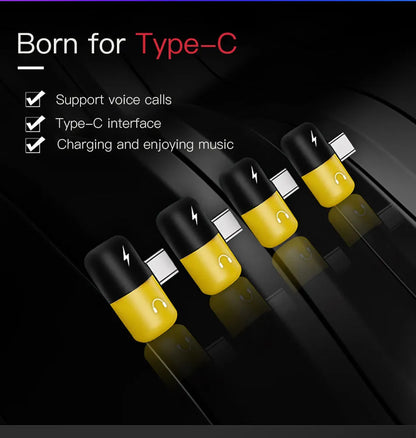 Blue and yellow 2-in-1 charging audio cover case for Huawei and Android phones showing 3.5mm interface and compact 30x12mm design