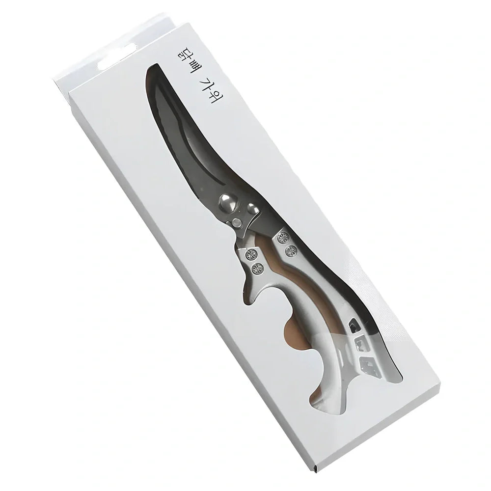 25cm stainless steel chicken bone scissors with brown leather sheath for kitchen meat and fish cutting, 245g weight