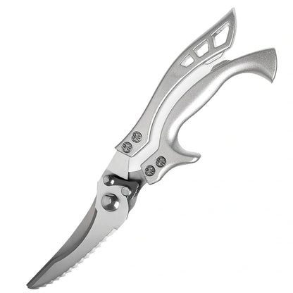 25cm stainless steel chicken bone scissors with brown leather sheath for kitchen meat and fish cutting, 245g weight