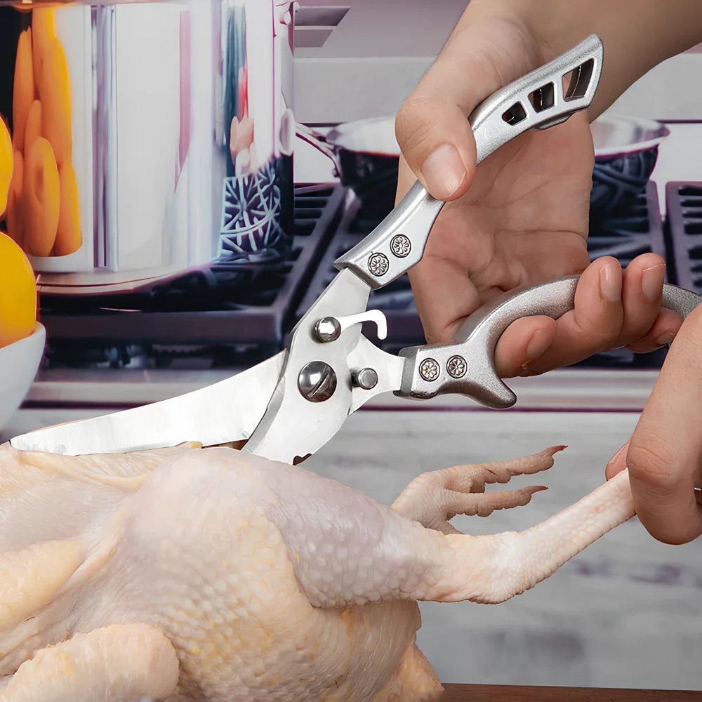 25cm stainless steel chicken bone scissors with brown leather sheath for kitchen meat and fish cutting, 245g weight