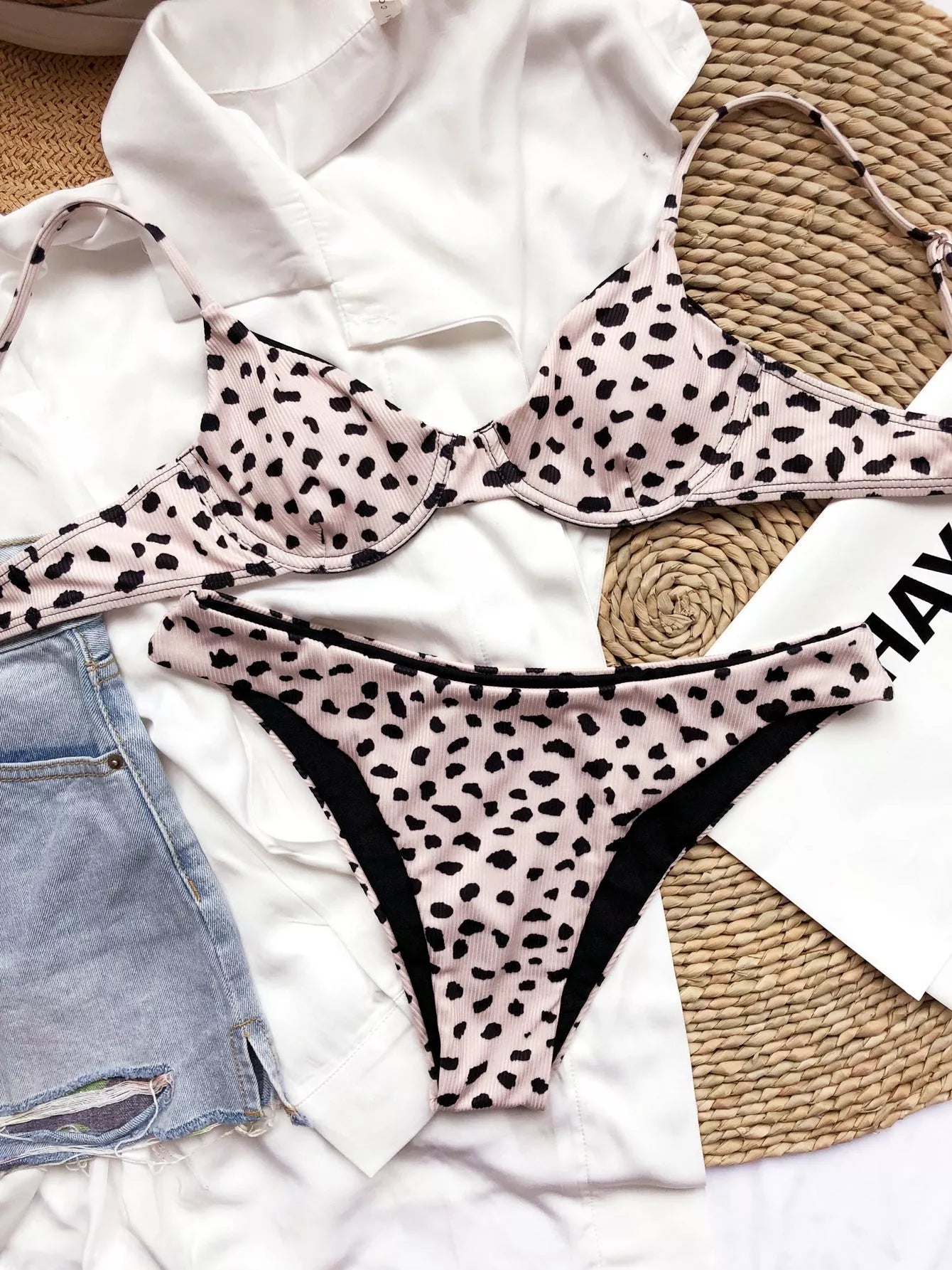 Luanguo Striped Leopard Dot Bikini in pink with sizes S, M, L available