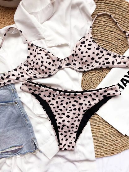 Luanguo Striped Leopard Dot Bikini in pink with sizes S, M, L available