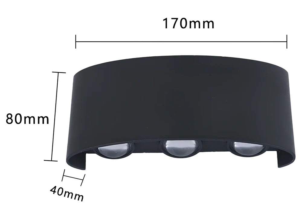 Black outdoor LED wall lamp with aluminium shell mounted on a wall, showing compact design and rainproof IP65 rating