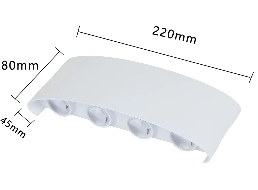 Black outdoor LED wall lamp with aluminium shell mounted on a wall, showing compact design and rainproof IP65 rating