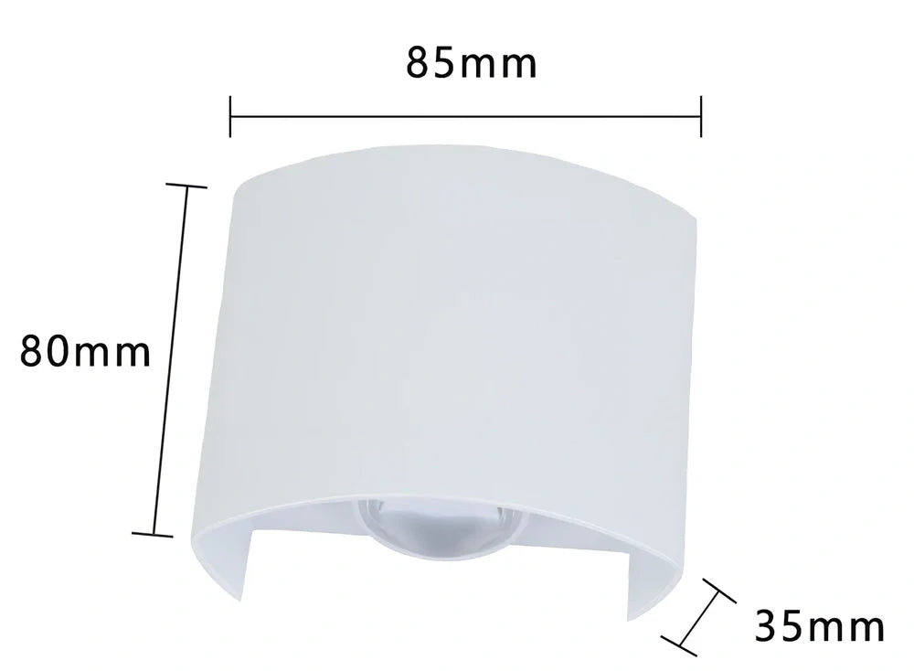 Black outdoor LED wall lamp with aluminium shell mounted on a wall, showing compact design and rainproof IP65 rating