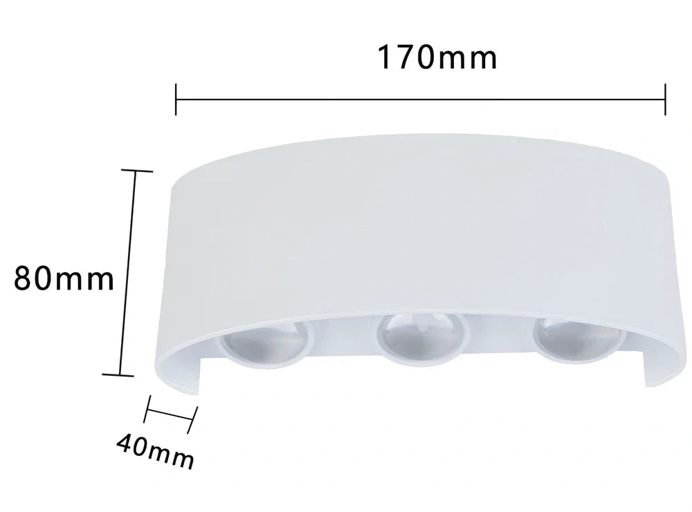 Black outdoor LED wall lamp with aluminium shell mounted on a wall, showing compact design and rainproof IP65 rating