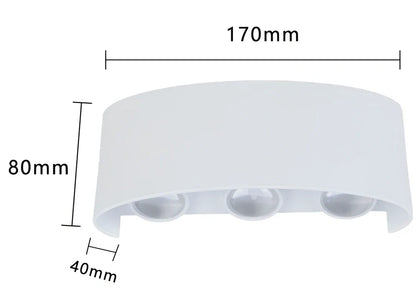 Black outdoor LED wall lamp with aluminium shell mounted on a wall, showing compact design and rainproof IP65 rating