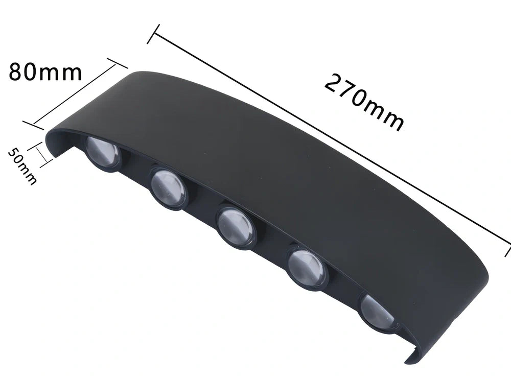 Black outdoor LED wall lamp with aluminium shell mounted on a wall, showing compact design and rainproof IP65 rating