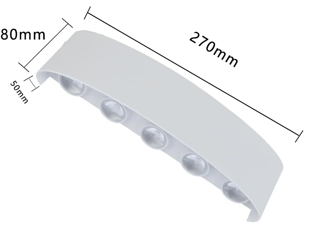 Black outdoor LED wall lamp with aluminium shell mounted on a wall, showing compact design and rainproof IP65 rating