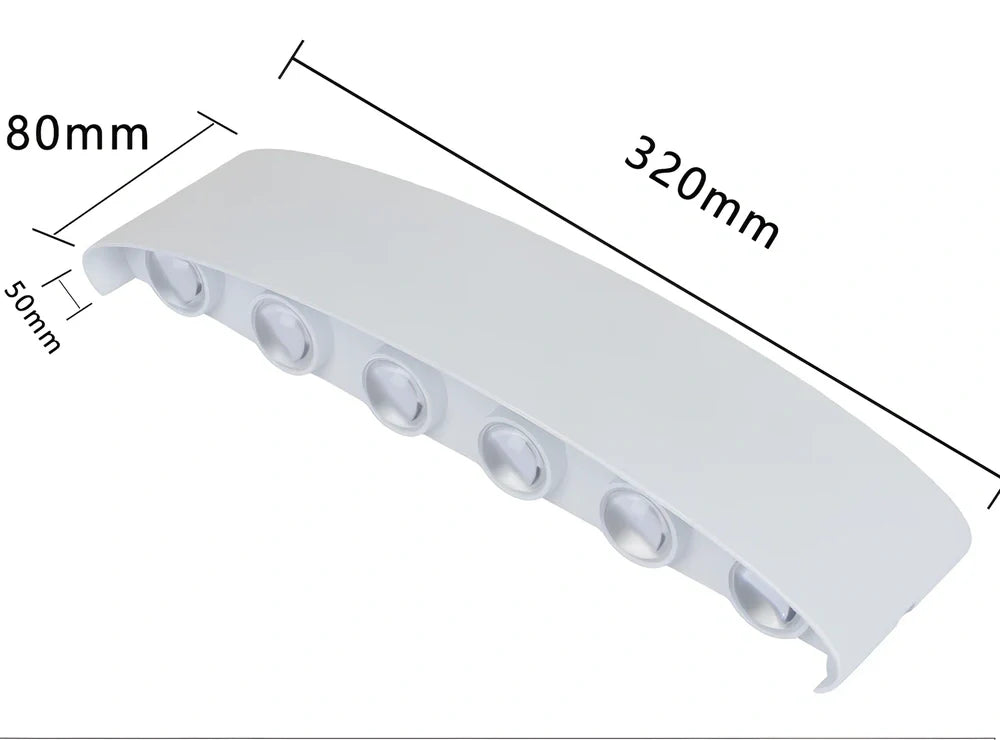 Black outdoor LED wall lamp with aluminium shell mounted on a wall, showing compact design and rainproof IP65 rating