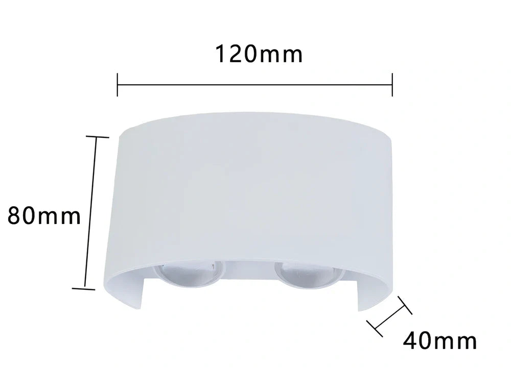 Black outdoor LED wall lamp with aluminium shell mounted on a wall, showing compact design and rainproof IP65 rating