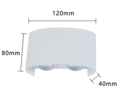 Black outdoor LED wall lamp with aluminium shell mounted on a wall, showing compact design and rainproof IP65 rating