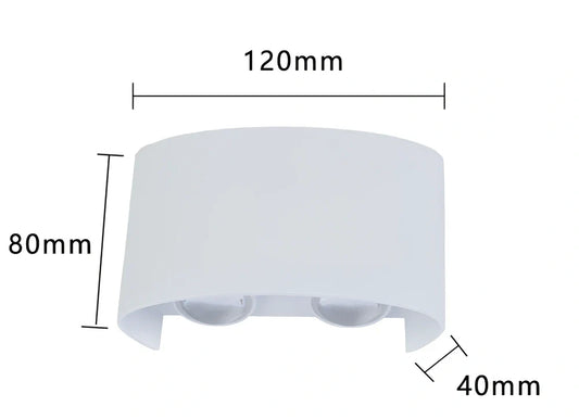 Black outdoor LED wall lamp with aluminium shell mounted on a wall, showing compact design and rainproof IP65 rating