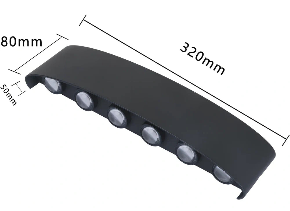 Black outdoor LED wall lamp with aluminium shell mounted on a wall, showing compact design and rainproof IP65 rating