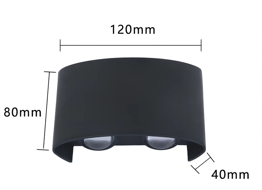 Black outdoor LED wall lamp with aluminium shell mounted on a wall, showing compact design and rainproof IP65 rating