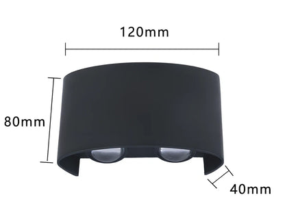 Black outdoor LED wall lamp with aluminium shell mounted on a wall, showing compact design and rainproof IP65 rating