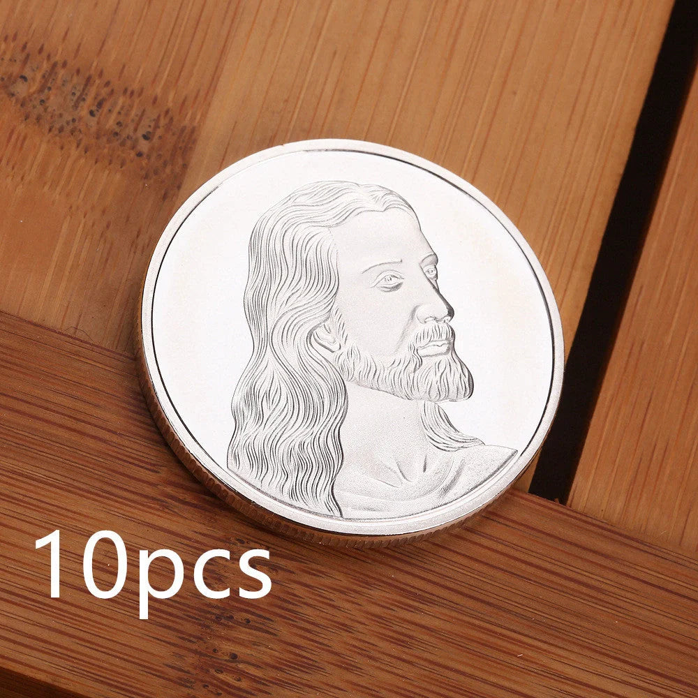 Jesus Commemorative Coin in gold and silver finishes, a spiritual keepsake for collectors and believers.