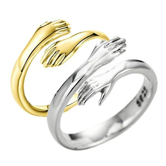 Adjustable Alloy Hands Hug Ring in gold and silver, featuring a unique geometry design