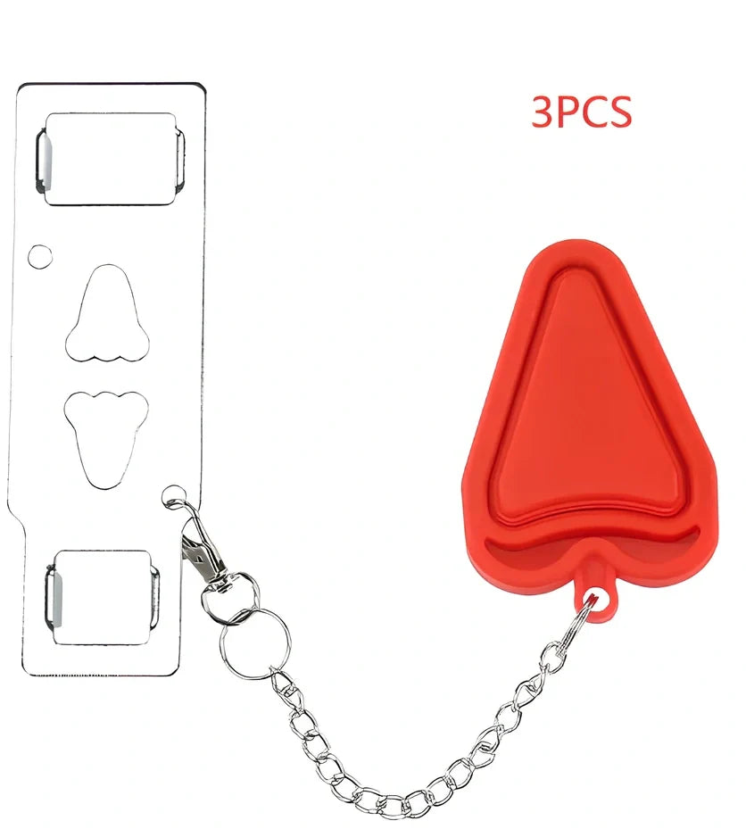 Red portable door security latch with chrome metal components for tool-free installation