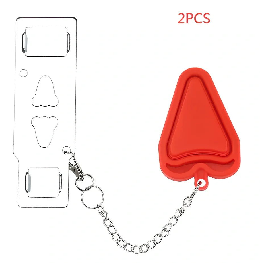 Red portable door security latch with chrome metal components for tool-free installation