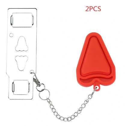 Red portable door security latch with chrome metal components for tool-free installation
