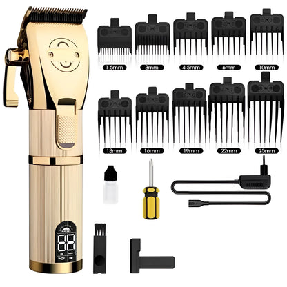 Gold-coloured cordless hair clipper with 25W motor and dual power supply options