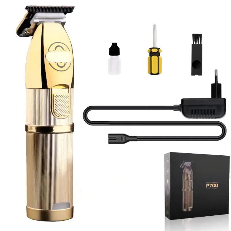 Gold-coloured cordless hair clipper with 25W motor and dual power supply options